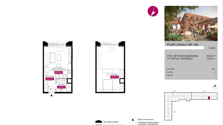 Rzut - Mieszkanie na sprzedaż 1 pokój o powierzchni 45,72 m² - numer G2.160 w Fuzja Lofty