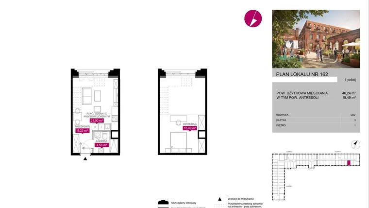 Rzut - Mieszkanie na sprzedaż 1 pokój o powierzchni 45,97 m² - numer G2.162 w Fuzja Lofty