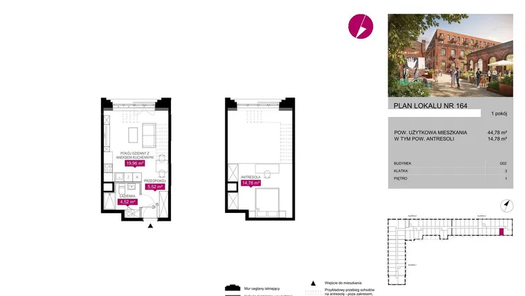 Rzut - Mieszkanie na sprzedaż 1 pokój o powierzchni 44,63 m² - numer G2.164 w Fuzja Lofty
