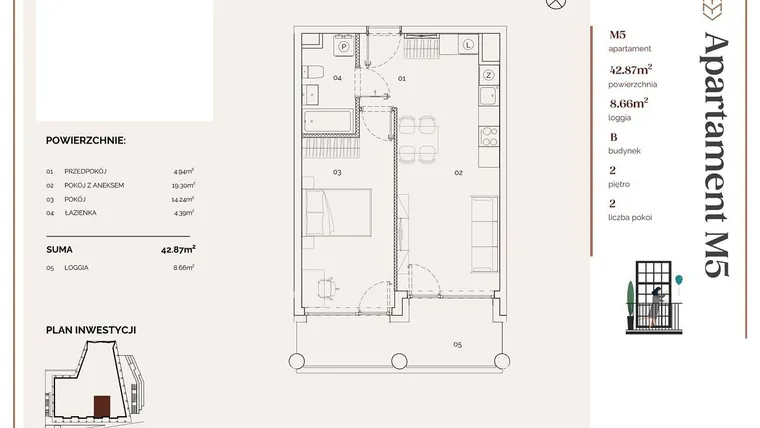 Rzut - Mieszkanie na sprzedaż 2 pokoje o powierzchni 42,79 m² - numer B.5 w Młyny Mogilska