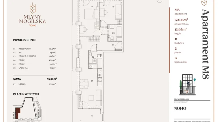Rzut - Mieszkanie na sprzedaż 3 pokoje o powierzchni 59,06 m² - numer B.8 w Młyny Mogilska
