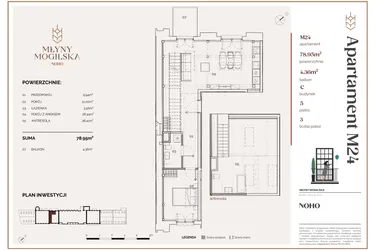 Rzut - Mieszkanie na sprzedaż 2 pokoje o powierzchni 77,35 m² - numer C.24 w Młyny Mogilska