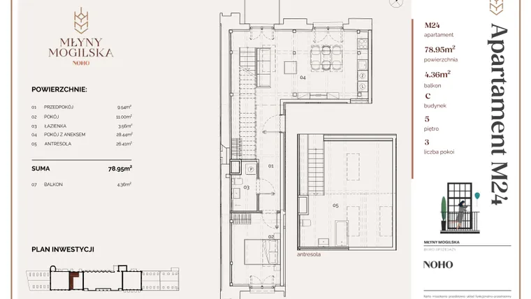 Rzut - Mieszkanie na sprzedaż 2 pokoje o powierzchni 77,35 m² - numer C.24 w Młyny Mogilska