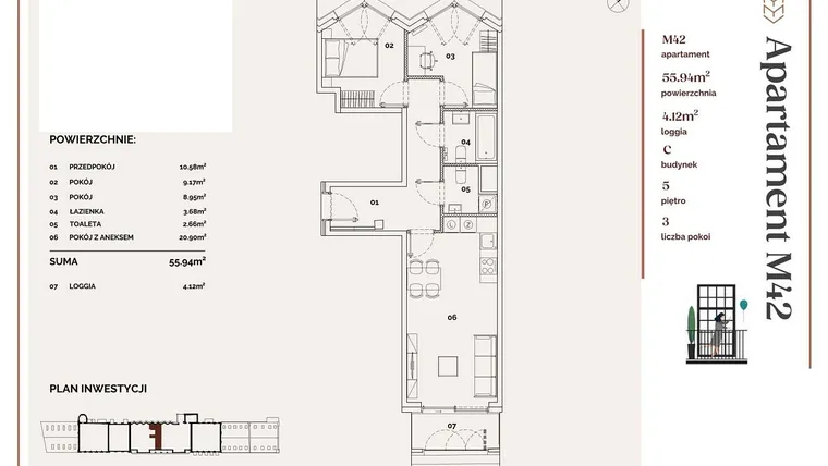 Rzut - Mieszkanie na sprzedaż 3 pokoje o powierzchni 55,94 m² - numer C.42 w Młyny Mogilska