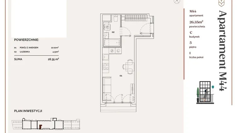 Rzut - Mieszkanie na sprzedaż 1 pokój o powierzchni 26,35 m² - numer C.44 w Młyny Mogilska
