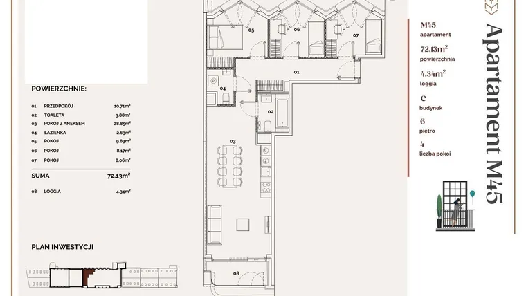 Rzut - Mieszkanie na sprzedaż 4 pokoje o powierzchni 72,13 m² - numer C.45 w Młyny Mogilska