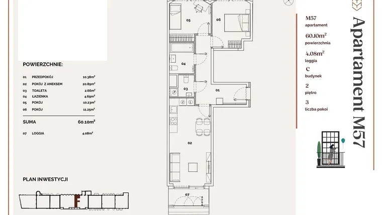 Rzut - Mieszkanie na sprzedaż 3 pokoje o powierzchni 60,1 m² - numer C.57 w Młyny Mogilska
