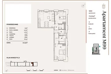 Rzut - Mieszkanie na sprzedaż 3 pokoje o powierzchni 72,23 m² - numer C.99 w Młyny Mogilska