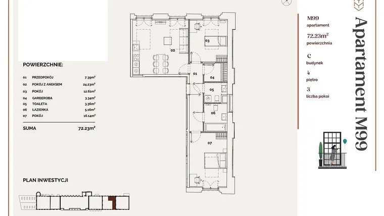 Rzut - Mieszkanie na sprzedaż 3 pokoje o powierzchni 72,23 m² - numer C.99 w Młyny Mogilska