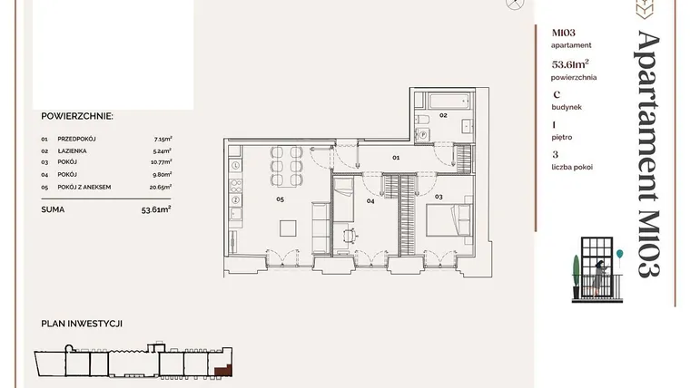 Rzut - Mieszkanie na sprzedaż 3 pokoje o powierzchni 53,61 m² - numer C.103 w Młyny Mogilska