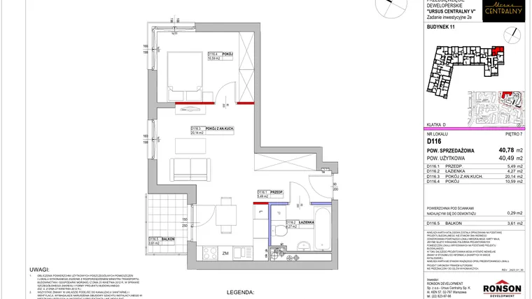 Rzut - Mieszkanie na sprzedaż 2 pokoje o powierzchni 40,78 m² - numer 11.D116 w Ursus Centralny etap V
