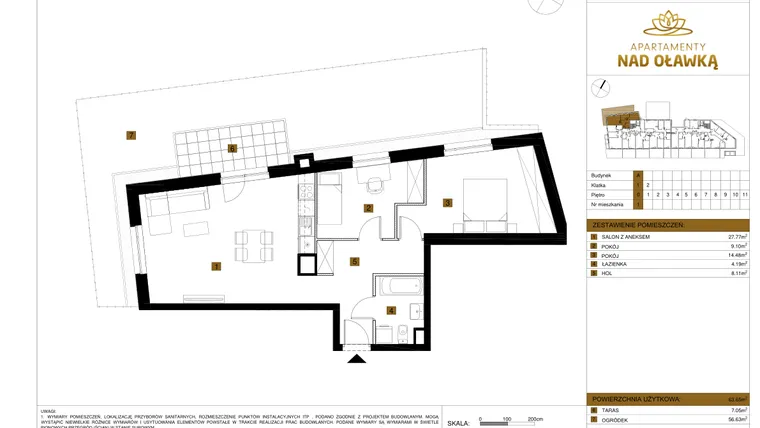 Rzut - Mieszkanie na sprzedaż 3 pokoje o powierzchni 63,65 m² - numer 1 w Apartamenty nad Oławką