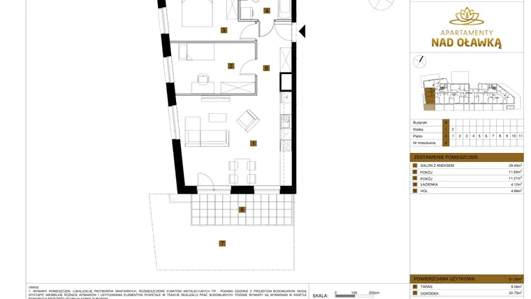 Rzut - Mieszkanie na sprzedaż 3 pokoje o powierzchni 61,35 m² - numer 2 w Apartamenty nad Oławką