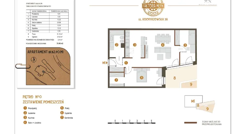 Rzut - Mieszkanie na sprzedaż 3 pokoje o powierzchni 75,99 m² - numer B1.B2.P0.M1 w Faktoria Młyn