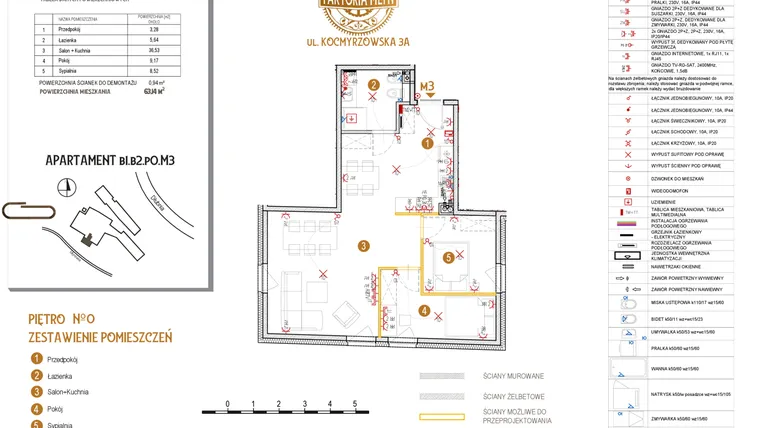 Rzut - Mieszkanie na sprzedaż 4 pokoje o powierzchni 63,14 m² - numer B1.B2.P0.M3 w Faktoria Młyn
