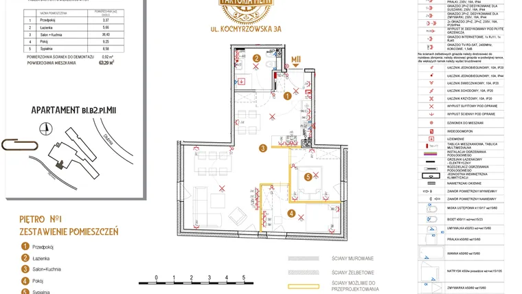 Rzut - Mieszkanie na sprzedaż 4 pokoje o powierzchni 63,29 m² - numer B1.B2.P1.M11 w Faktoria Młyn