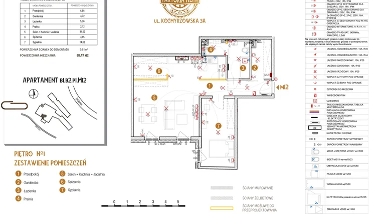 Rzut - Mieszkanie na sprzedaż 2 pokoje o powierzchni 69,47 m² - numer B1.B2.P1.M12 w Faktoria Młyn