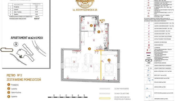 Rzut - Mieszkanie na sprzedaż 4 pokoje o powierzchni 49,54 m² - numer B1.B2.P2.M20 w Faktoria Młyn