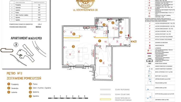 Rzut - Mieszkanie na sprzedaż 2 pokoje o powierzchni 69,16 m² - numer B1.B2.P2.M21 w Faktoria Młyn