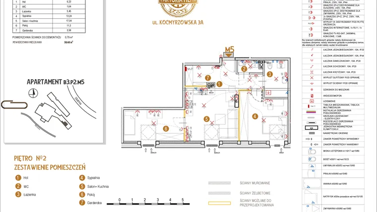 Rzut - Mieszkanie na sprzedaż 3 pokoje o powierzchni 58,48 m² - numer B3.P2.M5 w Faktoria Młyn