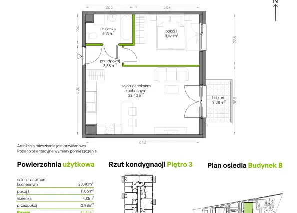 Rzut - Mieszkanie na sprzedaż 2 pokoje o powierzchni 41,97 m² - numer B/3/44 w Niepołomicka Vita