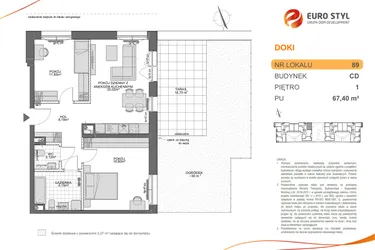 Rzut - Mieszkanie na sprzedaż 3 pokoje o powierzchni 67,4 m² - numer CD.89 w DOKI