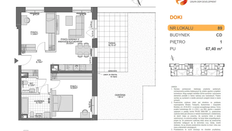 Rzut - Mieszkanie na sprzedaż 3 pokoje o powierzchni 67,4 m² - numer CD.89 w DOKI
