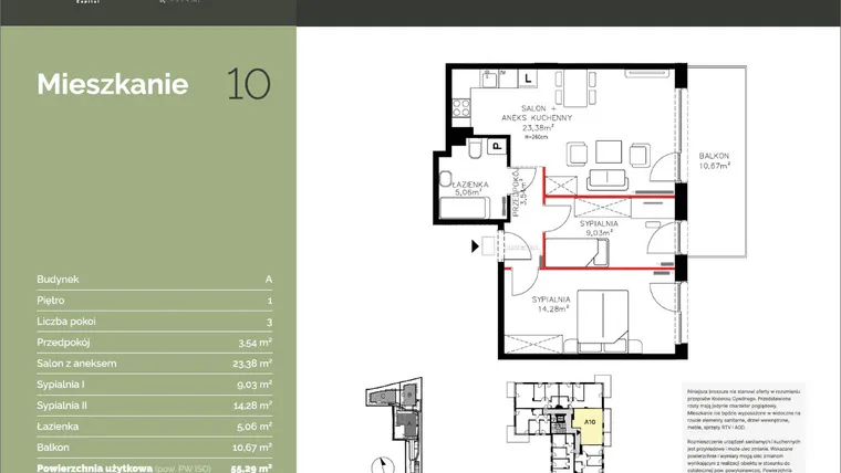 Rzut - Mieszkanie na sprzedaż 3 pokoje o powierzchni 55,2 m² - numer A10 w Stawowa Residence - etap V