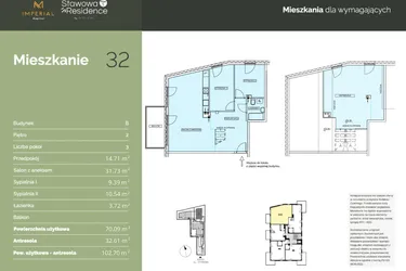 Rzut - Mieszkanie na sprzedaż 3 pokoje o powierzchni 70,09 m² - numer B32 w Stawowa Residence - etap V