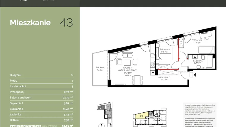 Rzut - Mieszkanie na sprzedaż 3 pokoje o powierzchni 60,31 m² - numer C43 w Stawowa Residence - etap V