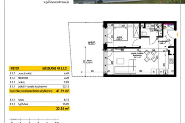 Rzut - Mieszkanie na sprzedaż 2 pokoje o powierzchni 41,79 m² - numer B 1.01 w Park Moniuszki II C