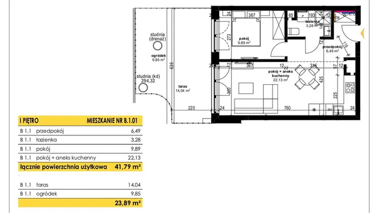 Rzut - Mieszkanie na sprzedaż 2 pokoje o powierzchni 41,79 m² - numer B 1.01 w Park Moniuszki II C