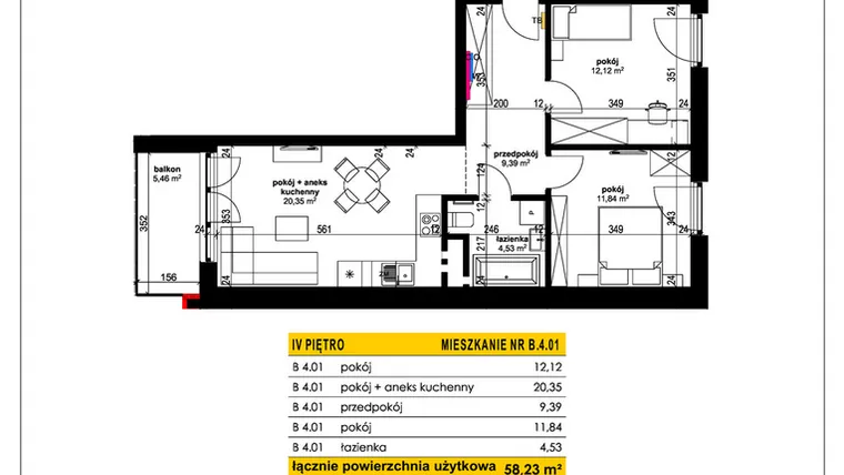 Rzut - Mieszkanie na sprzedaż 3 pokoje o powierzchni 58,23 m² - numer B 4.01 w Park Moniuszki II C