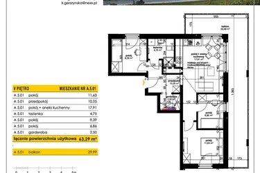 Rzut - Mieszkanie na sprzedaż 4 pokoje o powierzchni 63,29 m² - numer A 5.01 w Park Moniuszki II C