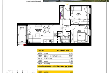 Rzut - Mieszkanie na sprzedaż 3 pokoje o powierzchni 58,23 m² - numer B 5.01 w Park Moniuszki II C