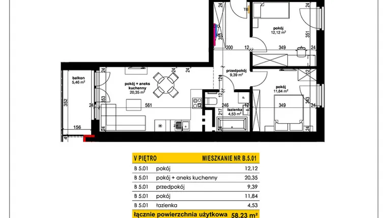 Rzut - Mieszkanie na sprzedaż 3 pokoje o powierzchni 58,23 m² - numer B 5.01 w Park Moniuszki II C