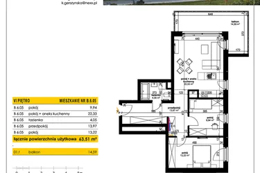 Rzut - Mieszkanie na sprzedaż 3 pokoje o powierzchni 63,51 m² - numer B 6.05 w Park Moniuszki II C
