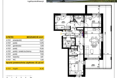 Rzut - Mieszkanie na sprzedaż 4 pokoje o powierzchni 81,65 m² - numer A 9.01 w Park Moniuszki II C