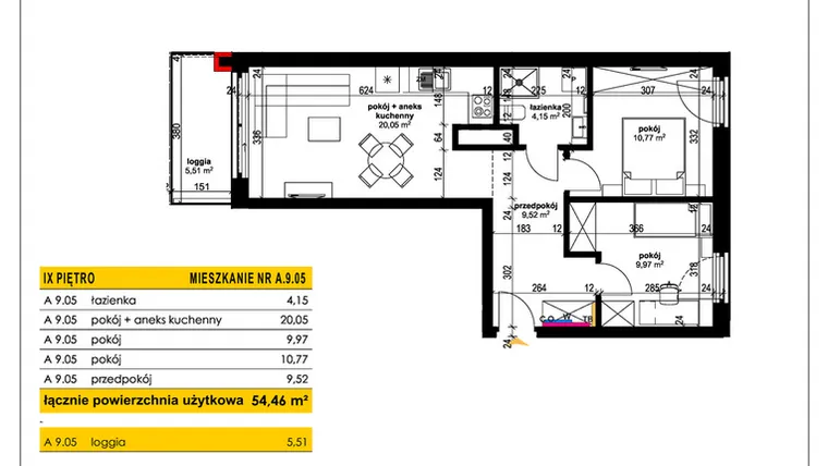 Rzut - Mieszkanie na sprzedaż 3 pokoje o powierzchni 54,46 m² - numer A 9.05 w Park Moniuszki II C