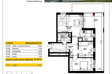 Rzut - Mieszkanie na sprzedaż 3 pokoje o powierzchni 67,32 m² - numer B 9.03 w Park Moniuszki II C
