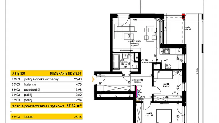 Rzut - Mieszkanie na sprzedaż 3 pokoje o powierzchni 67,32 m² - numer B 9.03 w Park Moniuszki II C