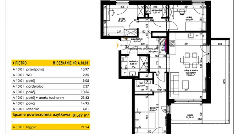 Rzut - Mieszkanie na sprzedaż 4 pokoje o powierzchni 81,69 m² - numer A 10.01 w Park Moniuszki II C