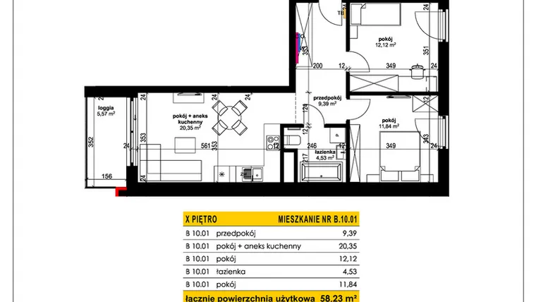 Rzut - Mieszkanie na sprzedaż 3 pokoje o powierzchni 58,23 m² - numer B 10.01 w Park Moniuszki II C