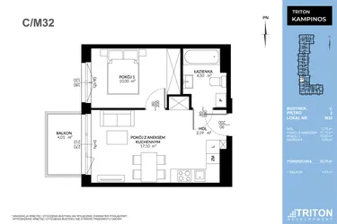 Rzut - Mieszkanie na sprzedaż 2 pokoje o powierzchni 33,79 m² - numer C_M32 w Triton Kampinos Klatka B i C