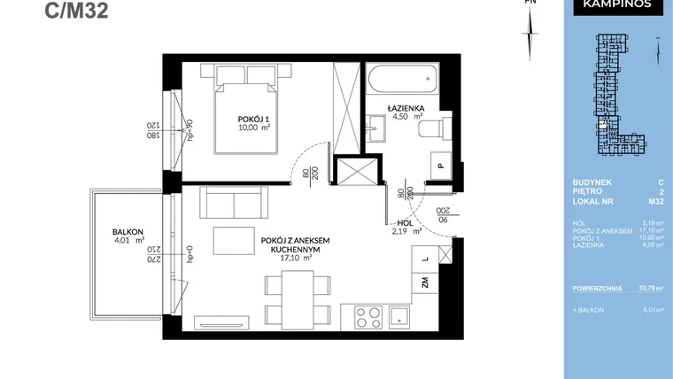 Rzut - Mieszkanie na sprzedaż 2 pokoje o powierzchni 33,79 m² - numer C_M32 w Triton Kampinos Klatka B i C
