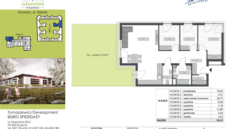 Rzut - Mieszkanie na sprzedaż 4 pokoje o powierzchni 83,01 m² - numer H0M10 w Jaśminowe Wzgórze - etap II