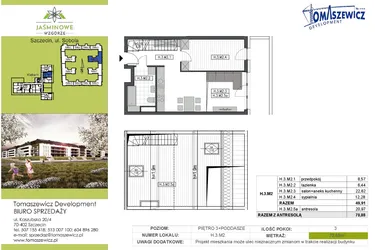 Rzut - Mieszkanie na sprzedaż 3 pokoje o powierzchni 70,88 m² - numer H3M2 w Jaśminowe Wzgórze - etap II