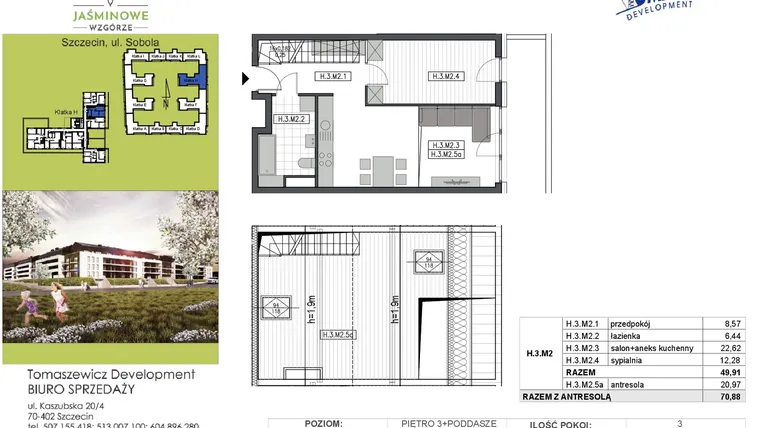Rzut - Mieszkanie na sprzedaż 3 pokoje o powierzchni 70,88 m² - numer H3M2 w Jaśminowe Wzgórze - etap II