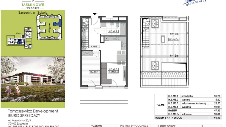 Rzut - Mieszkanie na sprzedaż 3 pokoje o powierzchni 66,03 m² - numer H3M6 w Jaśminowe Wzgórze - etap II