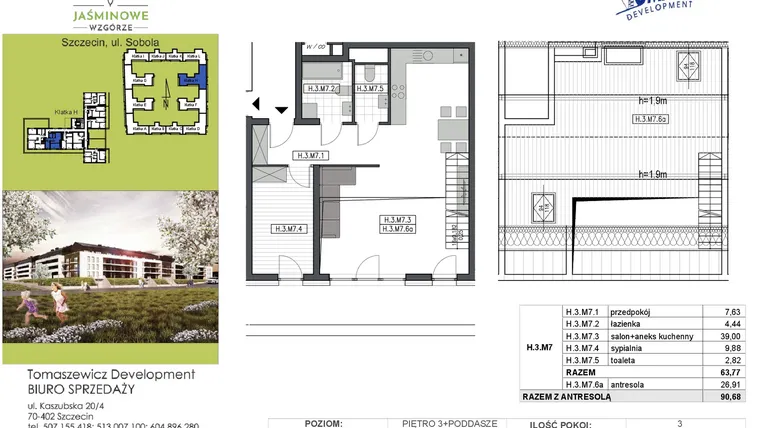 Rzut - Mieszkanie na sprzedaż 3 pokoje o powierzchni 90,68 m² - numer H3M7 w Jaśminowe Wzgórze - etap II